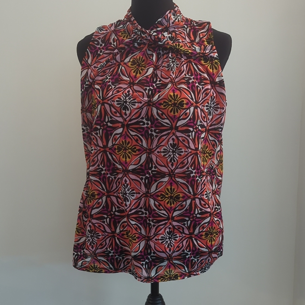 Worthington Retro Mod Geometric Medallion Mock Twist Neck Sleeveless Blouse